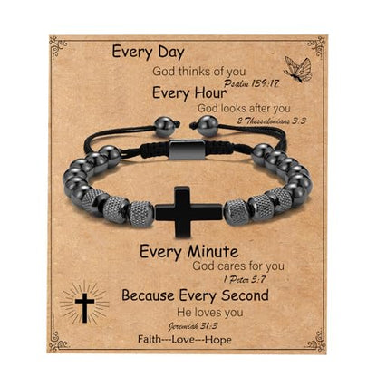 Cross Bracelet for Boys Teens, Adjustable Obsidian Beads Bracelets Christian Religious Jewelry Gifts for Teen Teenage Boys - style: Christian Man