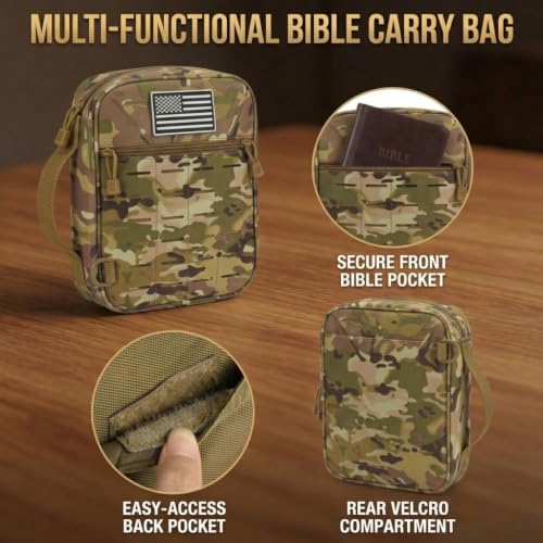 Tactical Bible Cover for Men, Large Bible Case with Shoulder Strap & US Flag Patch, Water Resistant Bible Carrier Bag with Handle, Multi Pockets for Church Study & Travel （Camo） - color: Camo