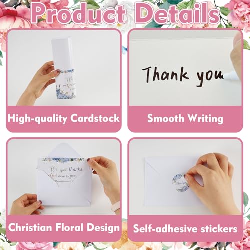 IANFEPH 50 Pack Religious Christian Thank You Cards with Envelopes Stickers 4x6 Inch Floral Baptism Blank Inside Notes 10 Designs Bible Verse Greeting Cards for Wedding Communion Baby Shower