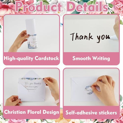 IANFEPH 50 Pack Religious Christian Thank You Cards with Envelopes Stickers 4x6 Inch Floral Baptism Blank Inside Notes 10 Designs Bible Verse Greeting Cards for Wedding Communion Baby Shower