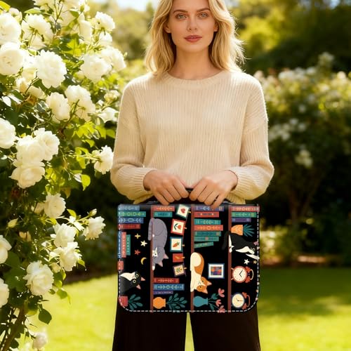 Bible Cover for Women Large PU Leather Zippered Bible Case with Handle and Cat Bookshelf Design, Christian Bible Bag for Girls & Women, Cover Fits Standard 9.5"x7.5"x2.3" Bible - color: Cat Bookshelf