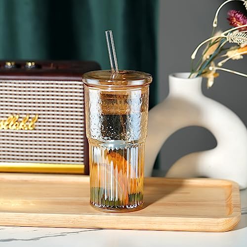 Joeyan 22 oz Amber Glass Tumbler with Straw and Lid,Ribbed Glasses Cups - color: Amber colored glass tumbler