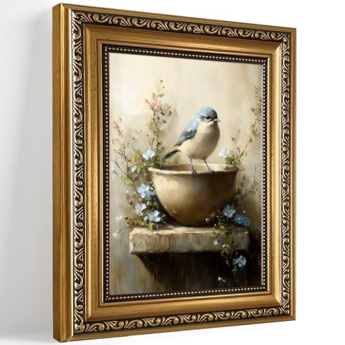 Vintage Gold Framed Wall Art Bluebird Wildflower Paintings Wall Decor Art - color: Bluebird, size: 10"L x 8"W