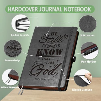A5 Bible Verse Psalm Leather Journal, 300 Pages Lined Notebook, Grey Vintage Pattern Hardcover Notebook for Travel Diary, Business, Work and School Daily Writing - style: Bible Verse