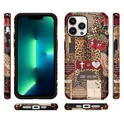 for iPhone 13 Pro 6.1'' Brown Cheetah Christian Phone Case - color: Red Cherry Leopard Collage, size: iPhone 13 Pro