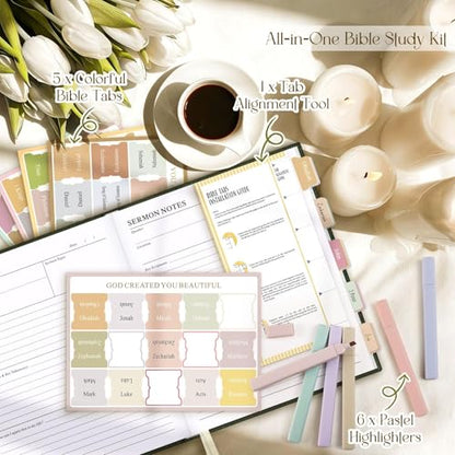 Lanpn Bible Study Guide Journals for Women with Tabs & Highlighters, Church Notes Taking Daily Devotional Journaling, Linen Bible Prayer Notebook Christian Religious Faith Based Gifts, Green - color: Green