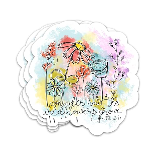 3PCs Consider How The Wildflowers Grow Sticker Inspirational Christian Bible Verse Sticker Faith Religious Scripture Waterproof Vinyl Stickers For Journal Water Bottle Decals Gifts For Women Men 3"x3"