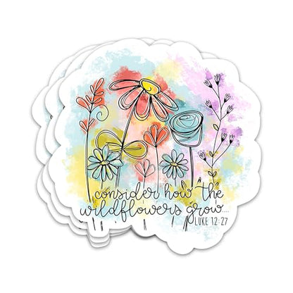 3PCs Consider How The Wildflowers Grow Sticker Inspirational Christian Bible Verse Sticker Faith Religious Scripture Waterproof Vinyl Stickers For Journal Water Bottle Decals Gifts For Women Men 3"x3"