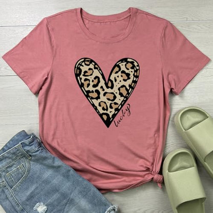 YITAN Women Graphic Tshirts Cute Leopard Heart Tops - color: Mauve, size: Small