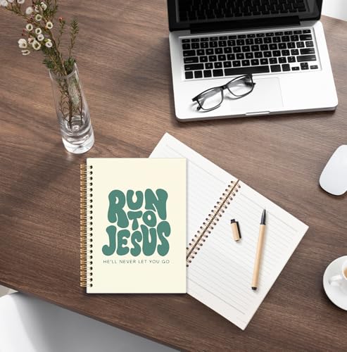 Beige and Green Christian Spiral Notebook, Run to Jesus Bible Verse Journal, Religious Scripture Journals for Writing, Bible Notebooks for Note Taking, Church Notes Journal, 5.5x8.3 Inch - color: God-Beige and