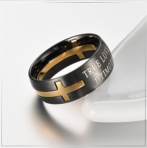 Men's Stainless Steel 8MM Bible Verse Christian Purity Cross Ring Band 1 Timothy 4:12 - color: Black Gold