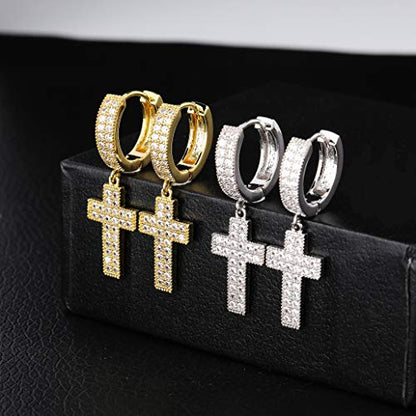TOPGRILLZ Cross Hoop Dangle Earrings 925 Sterling Silver 5A+ Cubic Zirconia 14K Gold Hypoallergenic Cross Hoop Cuff Huggie Drop Earrings For Men Women - color: Cross 2 Gold
