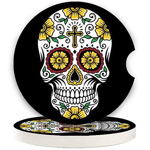 Sugar Skull Small 2.56" Absorbent Auto Coasters 2 Pack - Ceramic, Absorbs Spills, Keeps Cupholders Clean - color: Black Yellow White