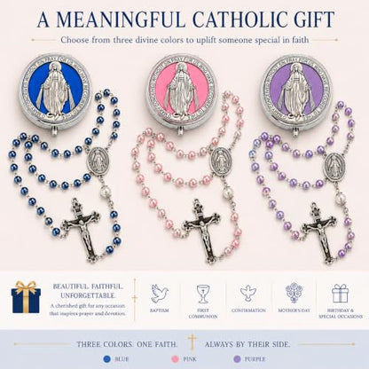 Catholic Pearl Cross Rosary Necklace — Ideal for Baptism, Prayer, Devotion — 6mm Glass Beads & 8mm Our Father Beads w/Caps, Miraculous Jewelry Box – Perfect Religious Gift for Women, Men - color: Blue
