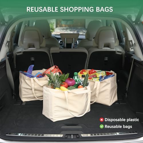OKBA 5PCS Reusable Grocery Bags with Long Shoulder Straps and Short Handles,Inside Pocket.Large Canvas Shopping Bag