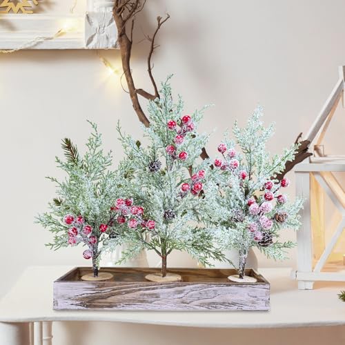 Winlyn 3 Pack Mini Christmas Trees with Wood Box Farmhouse Centerpiece Small Snowy Artificial Cedar Trees with Red Berries and Wood Bases Table Decorations for Rustic Home Winter Holiday Mantel Décor