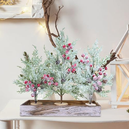Winlyn 3 Pack Mini Christmas Trees with Wood Box Farmhouse Centerpiece Small Snowy Artificial Cedar Trees with Red Berries and Wood Bases Table Decorations for Rustic Home Winter Holiday Mantel Décor