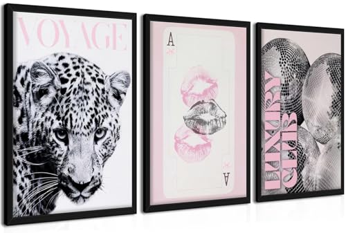 Pink Cheetah Wall Art Set of 3, Y2K Trendy Leopard Canvas Wall Decor Paintings, Preppy Black and White Cheetah Disco Posters Prints Pictures for Girly Room Bedroom Dorm 16x24 Inch Wood Framed - color: Pink Disco Leopard, size: 24L" x 16W"