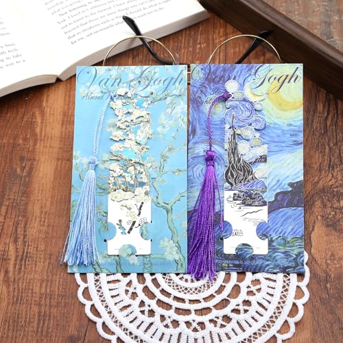 2 Metal Bookmarks with Tassel, Oil Painting Starry Night Over The Rhone and Almond Blossoms, Pretty Bookmarks for Women - style: 《Starry Night Over The Rhone》 and 《Almond Blossoms》