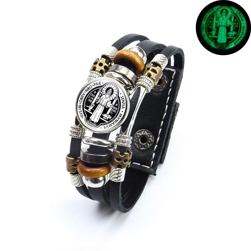 925 Sterling Silver San Benito Bracelet For Men - Luminous St Benedict Bracelets Leather Catholic San Benito Snap Button Bangles Multilayer Wristband, Rosario De San Benito, Pulseras De San Benito - color: 4 - San Benito Bracelet