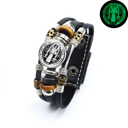 925 Sterling Silver San Benito Bracelet For Men - Luminous St Benedict Bracelets Leather Catholic San Benito Snap Button Bangles Multilayer Wristband, Rosario De San Benito, Pulseras De San Benito - color: 4 - San Benito Bracelet