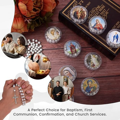 24 Pcs Red/White Rosary Beads Bulk, Jesus Cross Rosarios Catolicos, Virgen De Guadalupe Wooden Beads Rosary Necklace with Box, Catholic Gifts Funeral Baptism Favors First Communion Favors for Guests - color: White