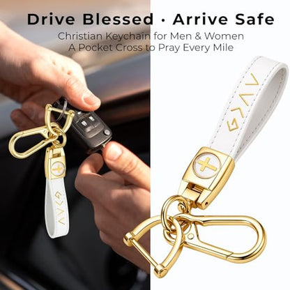 Christian Cross Leather Keychain for Men – Christian Gift for Dad Husband Son - color: White/Gold – God is Greater