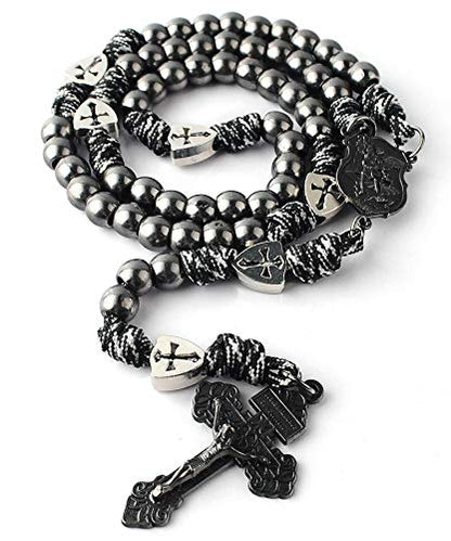 HanlinCC Catholic Rosary Paracord Large Metal Beads St.Michael Medal Men - style: Gun Black St.Michael Paracord Rosary
