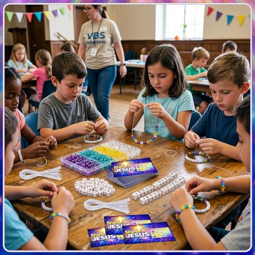 Unittype 24 Sets 2026 VBS DIY Crafts Illumination Bracelet Making Kit 2026 Illumination DIY Jesus Loves Me Bead Wristband Craft Kit with Bible Lesson Cards for Sunday School Classroom Party Gifts