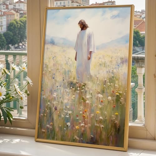 Oiyehokeul Religious Landscape Canvas Wall Art Walking Jesus Picture Christian Religious Paintings Vintage Print Jesus Flower Picture Good Shepherd Poster Abstract Wildflower Artwork 16x24in No Frame - color: A4Unframed