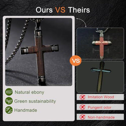 Wooden Cross Necklace for Men with Stainless Steel Adjustable Chain 24-26in, Christian Wood Crucifix Pendant Gift for Him - style: Ebony4