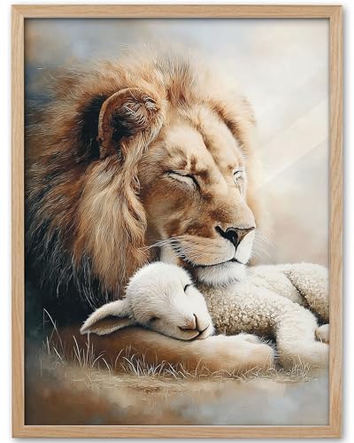 KensTro 12x16 Oak Framed Lion and Lamb Christian Wall Art - color: Lion and Lamb Peaceful-Framed, size: 16"L x 12"W