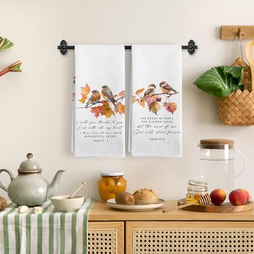 Fall Christian Bird Decor Kitchen Towels Set of 2, Bible Verse Maple Leaf Floral Dish Tea Towels for Kitchen, Autumn Leaf Decor Hand Towels for Bathroom, Christian Gifts for Women, 16x24 Inch - color: Bible-2