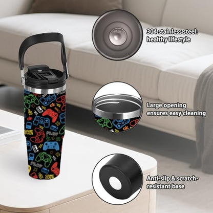 30 oz Game Tumbler with Top Handle & Flip Straw, Gamer Gifts for Boys - color: Game2