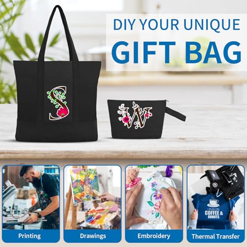 2-Pack Canvas Tote Bags and Makeup Bags, Cotton Zipper Bag, All Black - color: All Black
