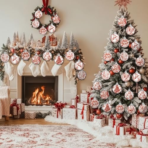 Outus 16pcs Red Toile De Jouy Santa Snowman Christmas Ball Tree Ornaments - color: Red Christmas, size: 2.17''