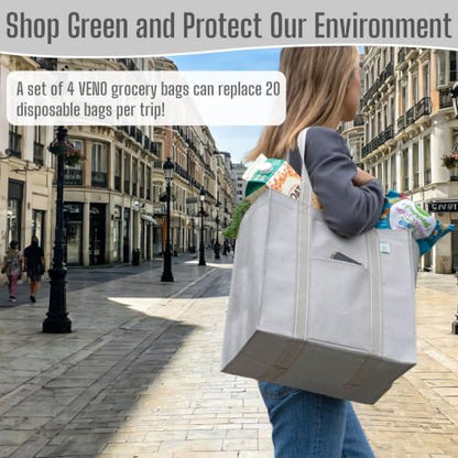 VENO 4 Pack Large Grocery Bag Reusable Shopping Bags with Hard Bottom - color: Beige