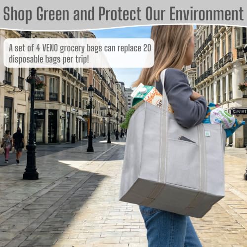 VENO 4 Pack Large Grocery Bag Reusable Shopping Bags with Hard Bottom - color: Beige
