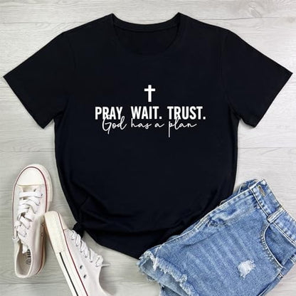 LOOKFACE Women Pray Wait Trust Soft Tees Cute Graphic T Shirts - color: Black, size: X-Large
