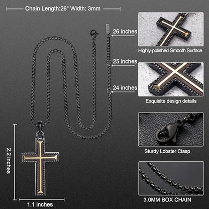Wooden Cross Necklace for Men With Stainless steel And Black Ebony Adjustable Box Chain 24–26 inches Suitable for Everyday Wear And Christian Gifts for Men - color: Black-A