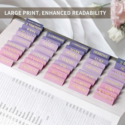 Taja Bible Tabs, 75 Large Print Index Tabs for Women & Men - color: E-violet Ombre