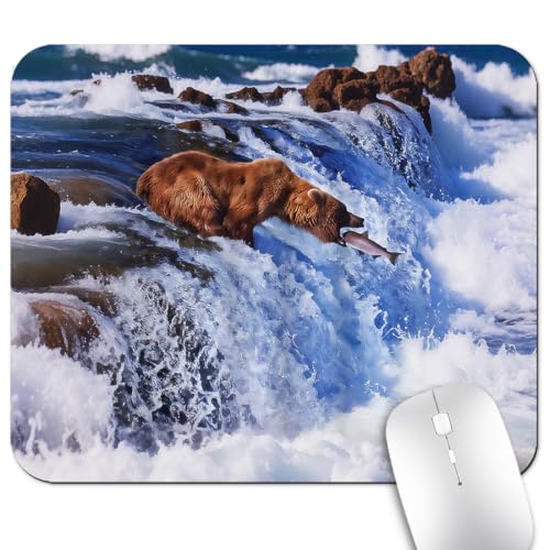 Grizzly Bear Mouse Pad, Katmai National Park Alaska Waterfall Desk Mat - color: Cute Colorful Art Rec23