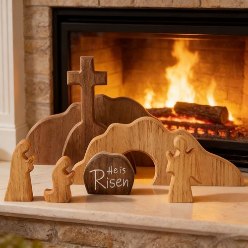 Easter Decorations, Wooden Empty Tomb Resurrection Decor, Cross Jesus Tomb Tray Set, Nativity Scene Decor, Religious Tabletop Easter Decor for Home and Office, Christian Gifts