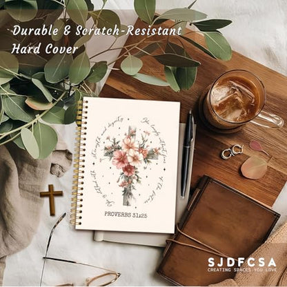 Inspirational Floral Christian Notebook Journal, Proverbs 31:25 Bible Verse Journal for Women, Christian Gifts for Women, Flower Cross Scripture Spiral Notebook 5.5x8.3 Inch - color: Proverbs 31:25-Flower