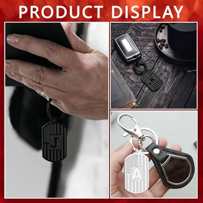 Initial Keychain for Men, A-Z Letter American Flag KeyChain Gifts for Men - color: Black J