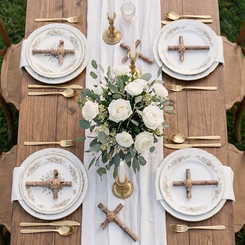 Yerliker 12 Set White Birch Wooden Rustic Cross Centerpieces Bulk 6" x 4" Rustic Cross Table Decor with Jute Rope for Plate, Christian Baptism Wedding Church Home Decorations
