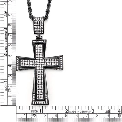 COOLSTEELANDBEYOND Mens Womens EXTRA LARGE Steel Cross Pendant Necklace with Cubic Zirconia and Wheat Chain - color: C-Metal Color: Black
