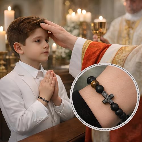 Christian Cross Bracelet Gift for Men Boys Adjustable Beaded Cross Bracelet Religious Jewelry with Message Card for Communion Baptism Confirmation Easter - style: American Flag Joshua 1 9
