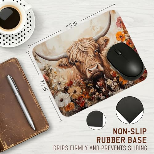 Wildflower Highland Cow Mouse Pad for Desk, Highland Cows Gifts for Women, Floral Cow Mousepads for Wireless Mouse Computers Laptop Home Office Supplies Accessories, 9.5x7.9 Inch - color: cow