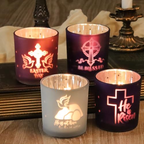SHMILMH Easter Decorations for Religious Home Decor, He is Risen Decor Table Centerpiece, Christian Easter Decor Frosted Glass Votive Tealight Candle Holders Set of 4